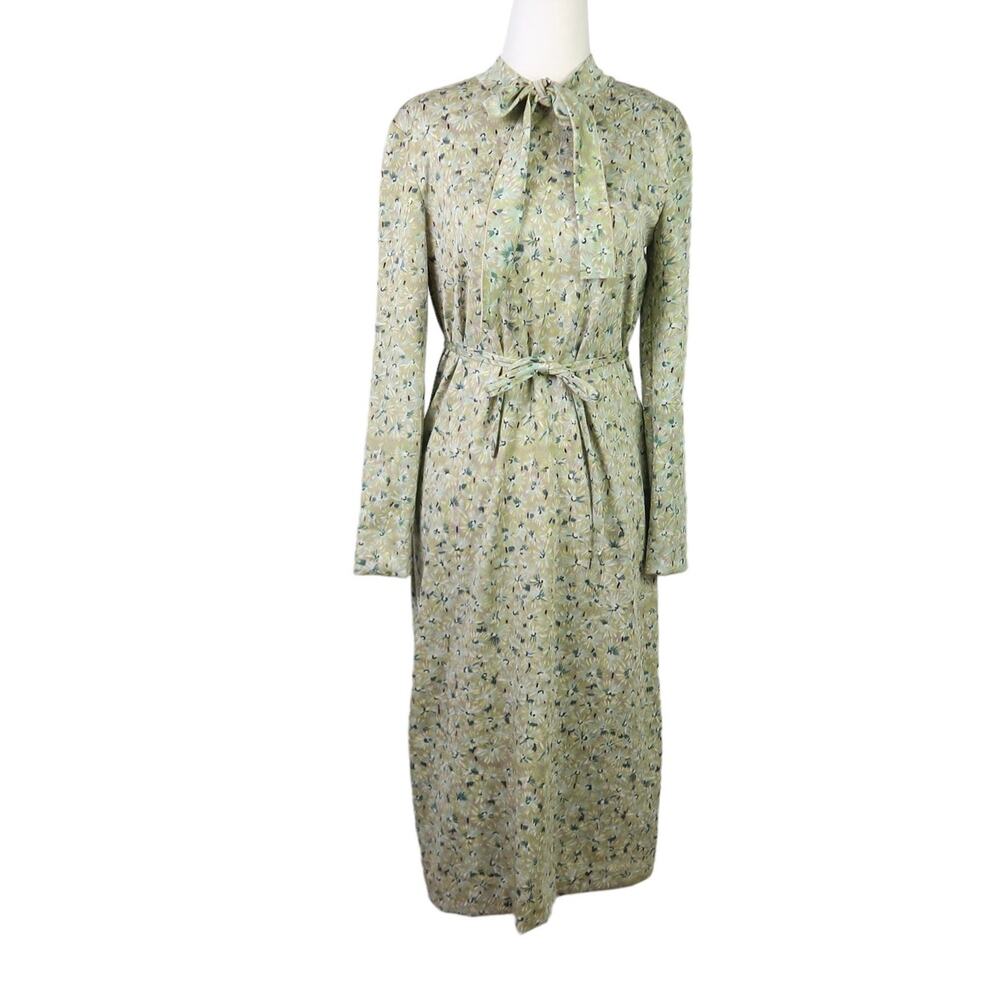 Vintage 70s light green floral print bow tie midi dress S